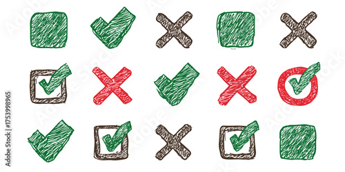 A collection of hand-drawn checkmarks, crosses, and boxes in a sketchy, scribble style.