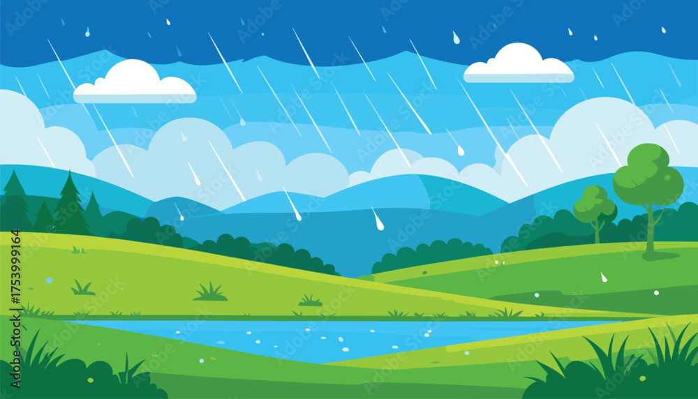 Fototapeta premium landscape with trees, clouds and rain