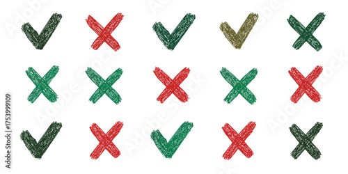 Set of hand-drawn check marks and crosses with a rough, scribbled texture. Green and red symbols for yes and no.