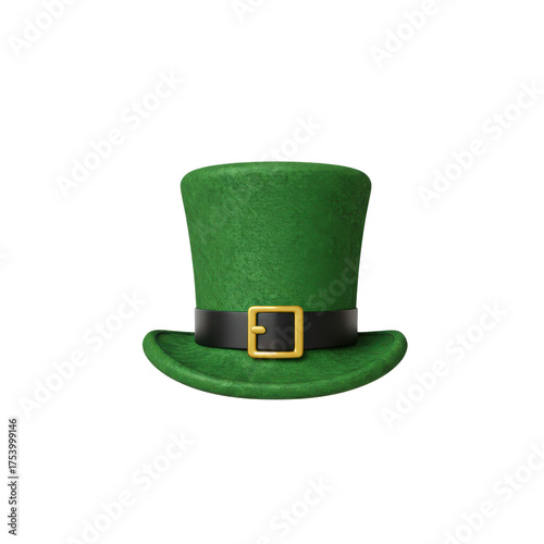 Schilderij op canvas Green felt leprechaun top hat with black leather band and brass buckle, St Patri