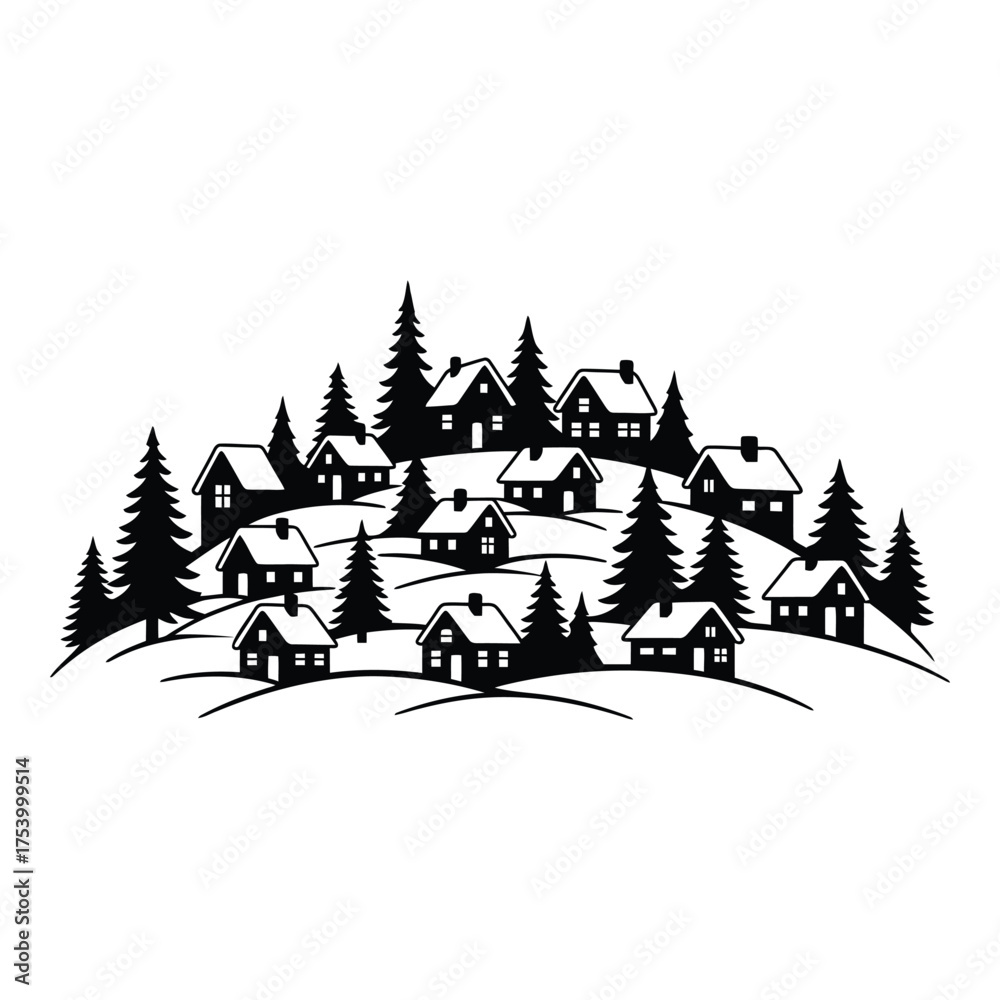 Obraz premium Charming winter village scene with snow-covered houses and evergreen trees on rolling hills
