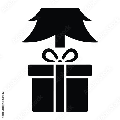 Festive silhouette of a christmas tree topping a wrapped gift box with a bow simple icon