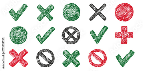 Hand-Drawn Check Marks, Crosses, Plus Sign, and Prohibition Signs in Green, Red, and Black