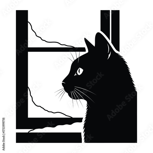 Black cat silhouette gazes out a cracked window at a mysterious bright outdoor scene evoking curiosity and wonder.