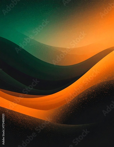 Abstract artwork showcases layered waves of orange and green colors, creating a vibrant, textured effect