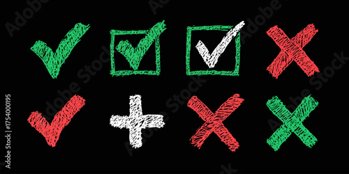 Collection of Hand-Drawn Checkmarks and Crosses in Green and Red