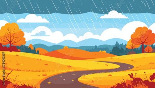 autumn landscape with trees and mountains and rain