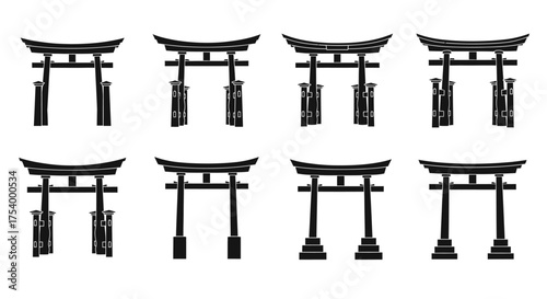 Torii gate silhouettes set isolated on white background vector illustration