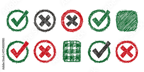 Hand-Drawn Checkmarks and Crosses with Textured Circles and Squares