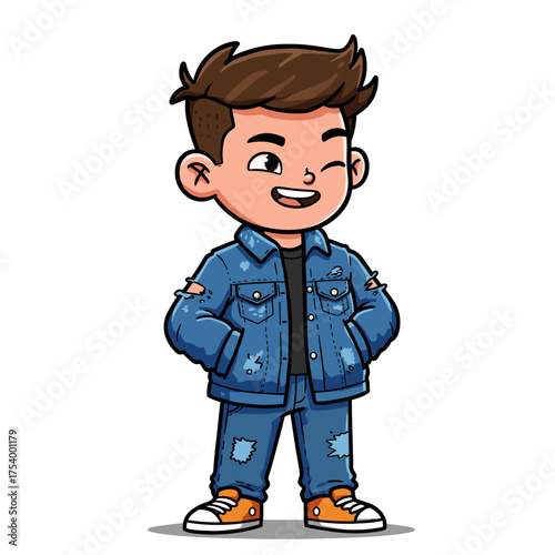 A cool cartoon boy wearing a distressed denim jacket and jeans is standing and winking with his hands in his pockets.