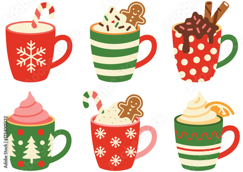 Festive winter drinks, vector set including holiday mugs, hot chocolate, and marshmallows, cozy seasonal beverage illustrations, Christmas drink artwork, festive vector collection,