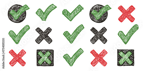Hand-drawn Checkmarks and Crosses in Green, Red, and Black