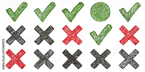 Hand-Drawn Green Checkmarks and Red/Black X Marks