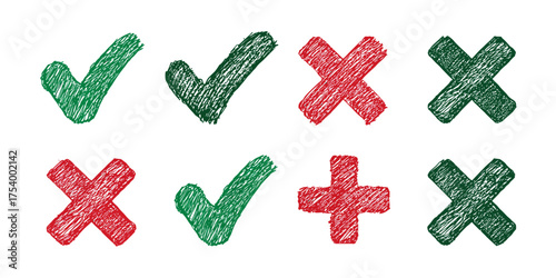 Hand-Drawn Check Marks and Crosses in Green and Red Colors