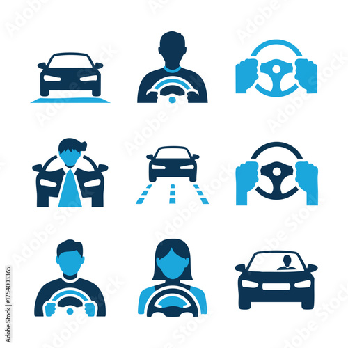 Set of nine blue and dark blue car driving icons and symbols steering wheel driver