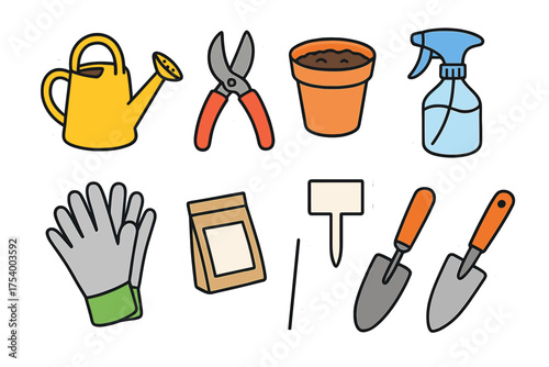 Garden tools and supplies illustrated in colorful vector style  