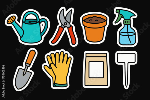 Gardening tools stickers: watering can, gloves, trowel, spray bottle  