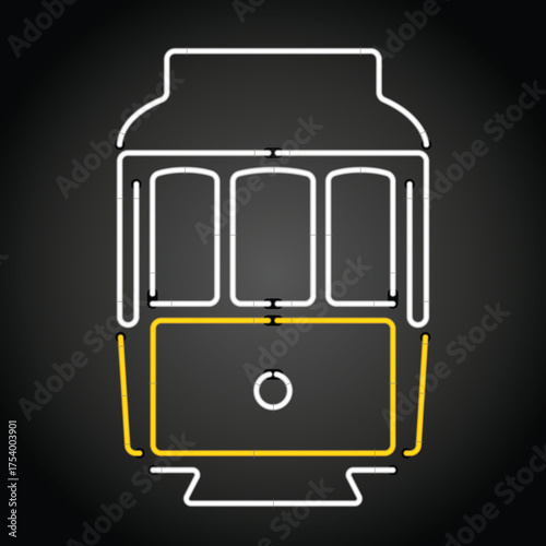 Vibrant neon light illustration of the front of a classic Lisbon tram, featuring white and yellow tubes glowing against a dark, dramatic background.