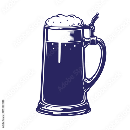 Classic blue stein of beer with frothy head isolated on white background
