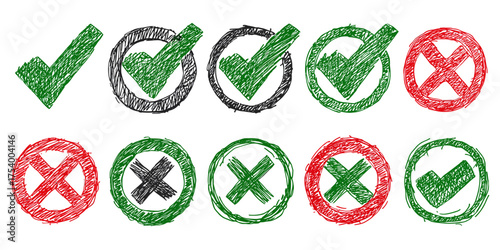 Hand-Drawn Check Marks and Crosses in Green, Black, and Red Colors