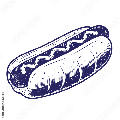 Artistic vintage art style illustration of a delicious classic hot dog with mustard