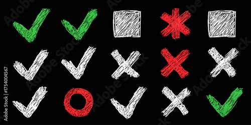 Hand-drawn green and red checkmarks and crosses with scribbled boxes