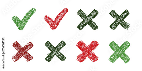 Hand-drawn Check and Cross Symbols in Red, Green, and Dark Green