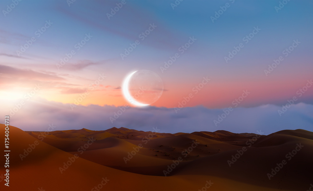 Fototapeta premium Night sky with crescent moon in the clouds on the foreground hot desert (sand dune) 