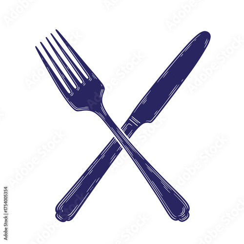 Crossed fork and knife vintage art illustration in deep blue on white background
