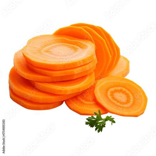 Pile of fresh carrot slices isolated on transparent background, arranged in a stack