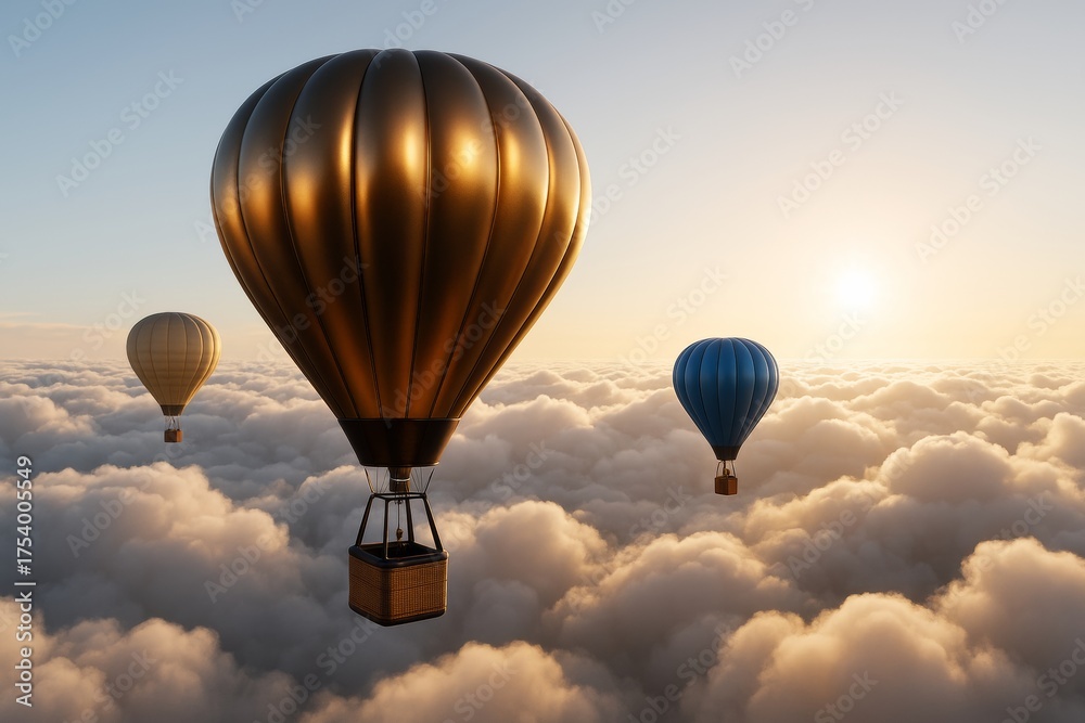 Obraz premium Hot air balloons floating above clouds during golden sunrise with soft light and dreamy atmosphere in surreal scenic background concept.