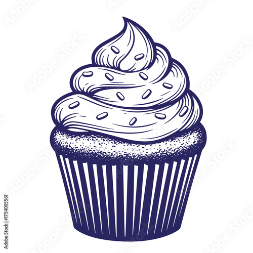 Delicious detailed vintage art illustration of a creamy cupcake with sprinkles isolated