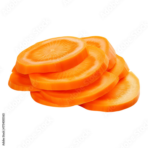 Pile of fresh carrot slices isolated on transparent background, ready for cooking