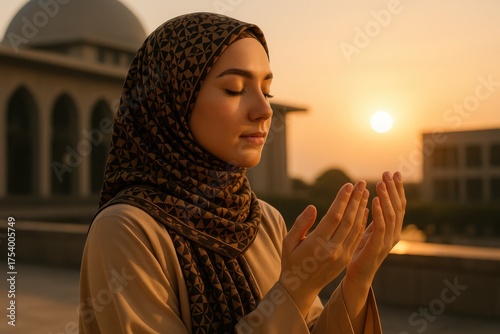 Muslim woman praying outdoors during sunset near mosque