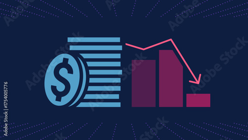 Flat vector illustration showing financial loss or economic downturn with a stack of coins and a sharp red line graph falling over decreasing bar charts.