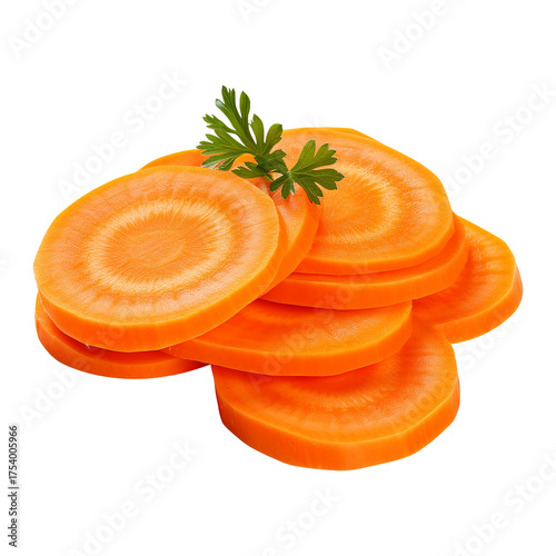 Stack of fresh carrot slices with parsley isolated on transparent background, a vibrant and healthy snack