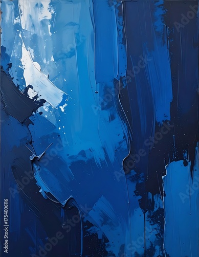 Abstract artwork showcasing dynamic brushstrokes and various shades of blue paint on canvas