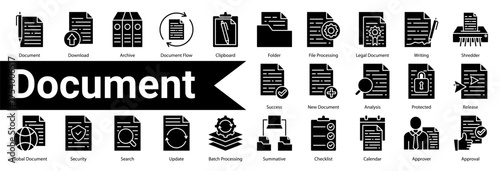 Minimalist Document Glyph icons set with editable stroke, featuring:  Document,Download,Archive,Document Flow,Clipboard,Folder,File Processing,Legal Document,Writing,Shredder,Success,New Document