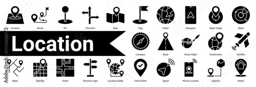 Minimalist Location Glyph icons set with editable stroke, featuring:  Location,Route,Pin,Direction,Map,Flag,Globe,Navigator,Maps Target,Radar,Compass,Road,Route Flight,Geolocation,Satellite,Maps