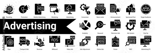 Minimalist Advertising Glyph icons set with editable stroke, featuring:  Branding,Promotion,Mobile Advertising,Marketing,Advertising,Conversion,News Letter,Announcement,Sponsored Post,Target Audience