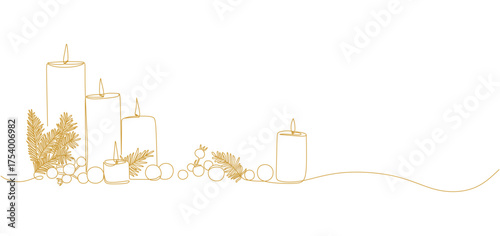 Minimalist one line drawing of burning candles surrounded by pine branches and Christmas ornaments. The continuous golden line art illustration evokes warmth and festive spirit, symbolizing peace