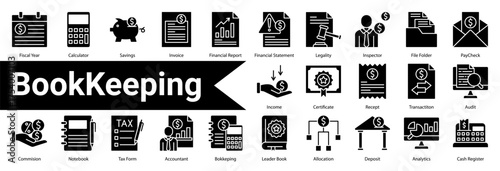 Minimalist Bookkeeping Glyph icons set with editable stroke, featuring:  Fiscal Year,Calculator,Savings,Invoice,Financial Report,Financial Statement,Legality,Inspector,File Folder,PayCheck,Income