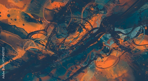 Abstract artwork showcasing fluid orange and blue colors with a dynamic, splatter-like effect