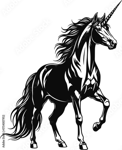 Majestic Black and White Unicorn Vector Illustration Mythical Fantasy Creature Silhouette