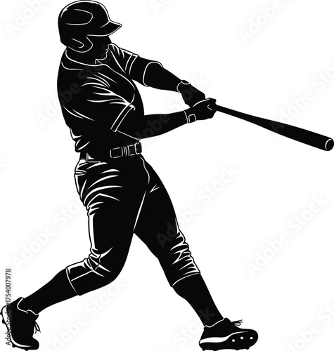 Dynamic Baseball Player Silhouette Batting with Powerful Swing Black and White Vector Illustration