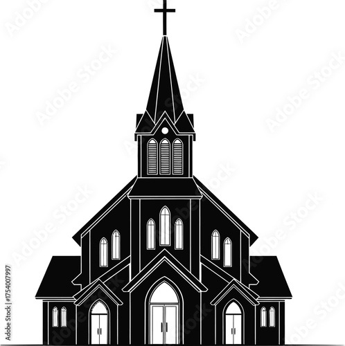Classic Church Building Silhouette Vector Icon with Cross Steeple and Detailed Outline Design