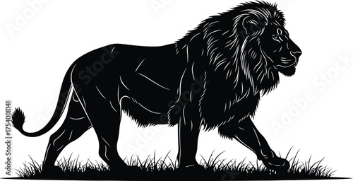 Majestic Lion Silhouette Walking on Grass Vector Graphic Black and White Illustration