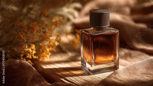 Business branding concept with a square amber perfume bottle on a rustic wooden table in warm sunlight.
