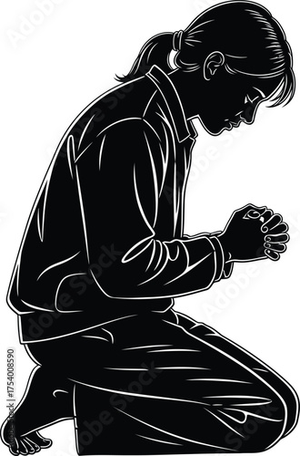 Kneeling Woman Praying Silhouette Vector Illustration Black and White