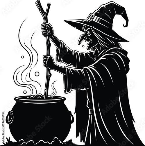 Spooky Witch Stirring Bubbling Cauldron Black and White Vector Illustration